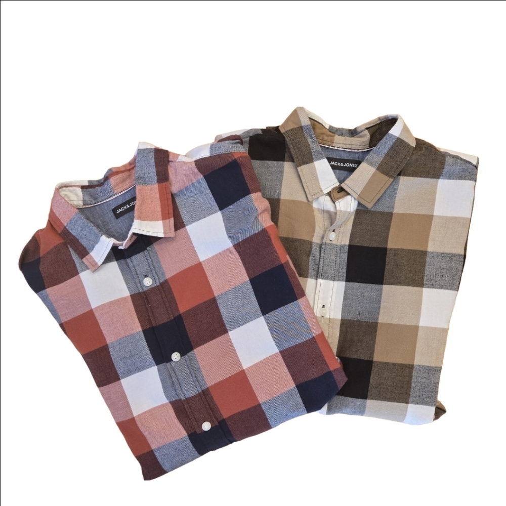 JACK & JONES Buffalo Plaid Twill Long-Sleeves Shirt, Slim Fit Bundle Of 2